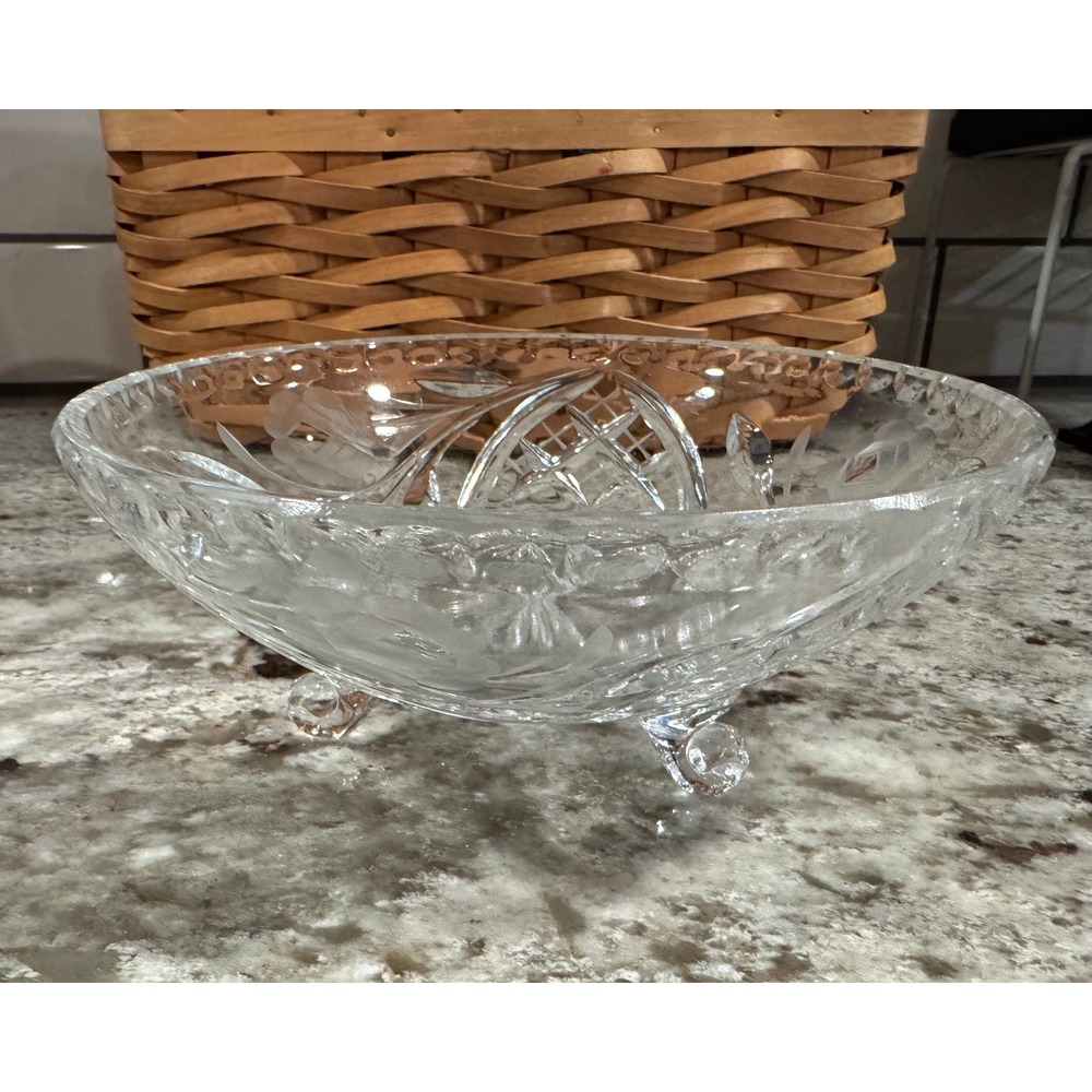 Vintage Frosted Floral Etched Glass Footed Bowl Scalloped Clear Round 7.5 Inch